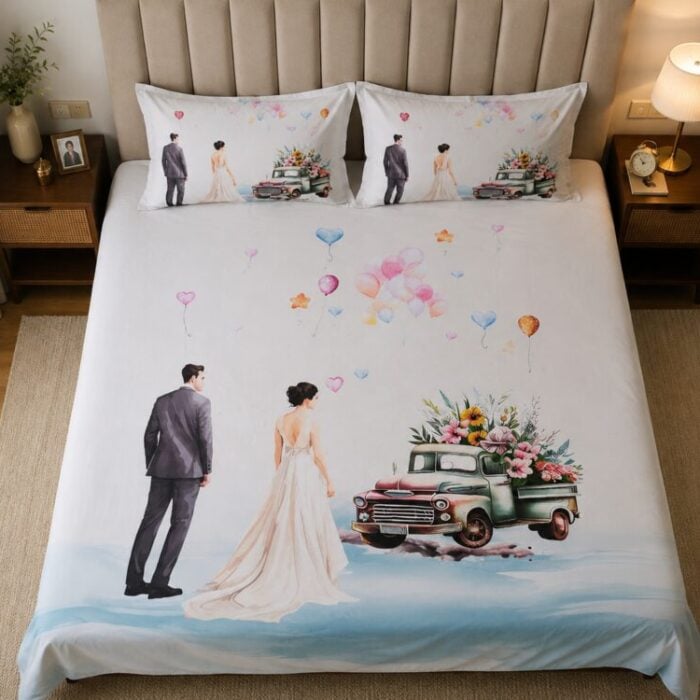 Wedding Couple Print King Size Bedsheet with 2 Pillow Covers