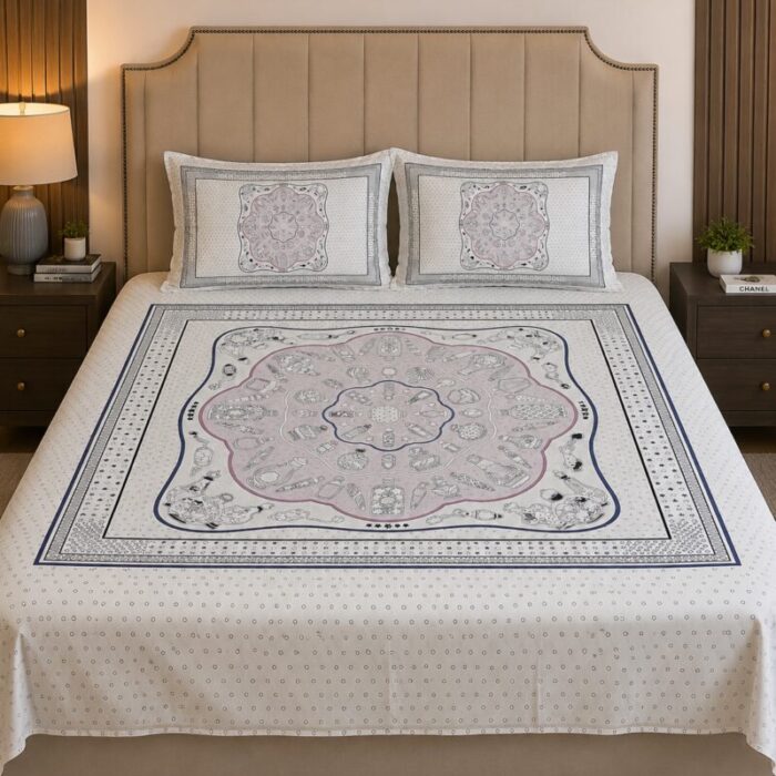 Ivory Perfume Print King Size Bedsheet with 2 Pillow Covers