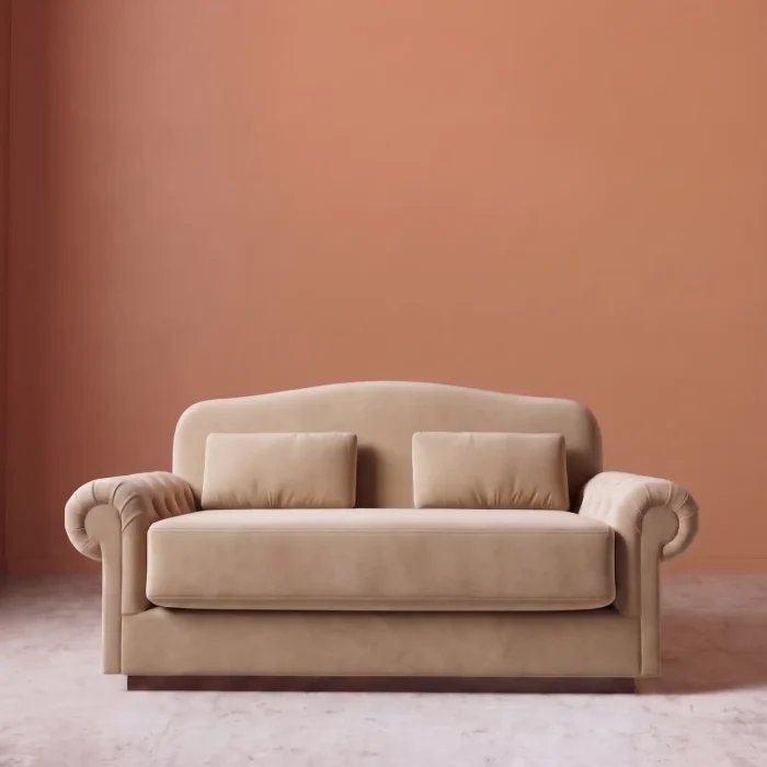 Rajford 2 seater sofa in beige front view with curved backrest and plush cushions