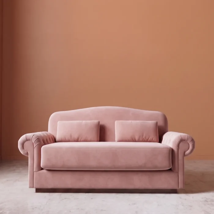 Rajford 2 seater sofa in blush pink front view with curved backrest and plush cushions