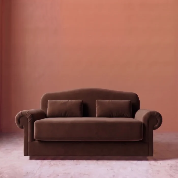 Rajford 2 seater sofa in chocolate brown front view with curved backrest and plush cushions