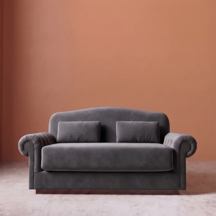 Rajford 2 seater sofa in dark grey front view with curved backrest and plush cushions