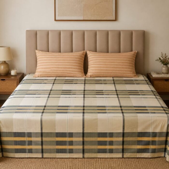 Ivory Charcoal Check King Size Bedsheet with 2 Contrast Pillow Covers