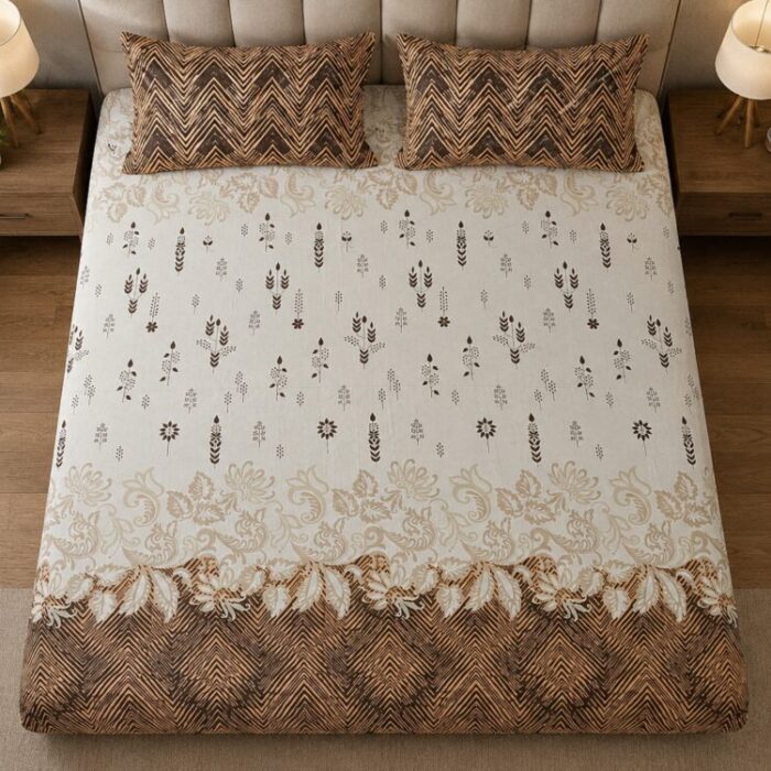 Cream Brown Botanical Border King Size Bedsheet with 2 Pillow Covers