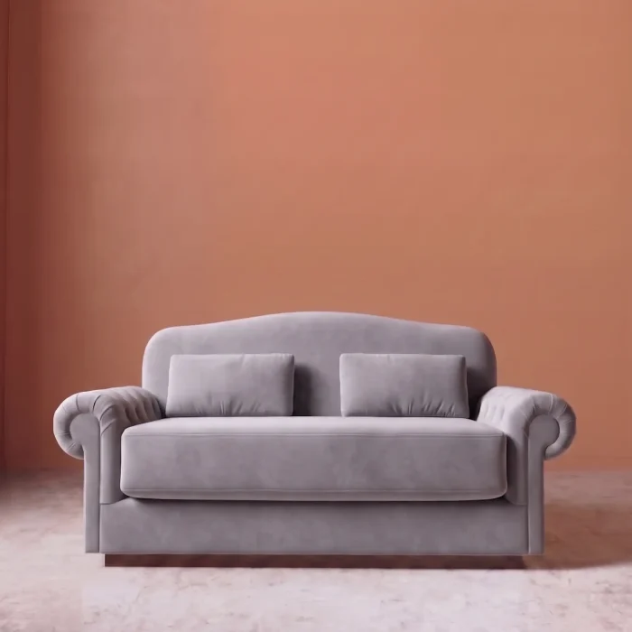 Rajford 2 seater sofa in light grey front view with curved backrest and plush cushions