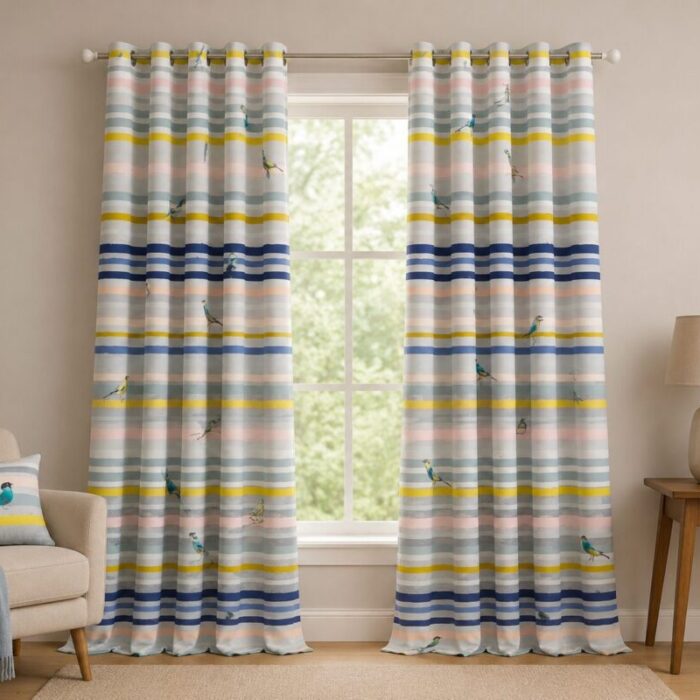 Multicolor Striped Bird Printed Dimout Curtain