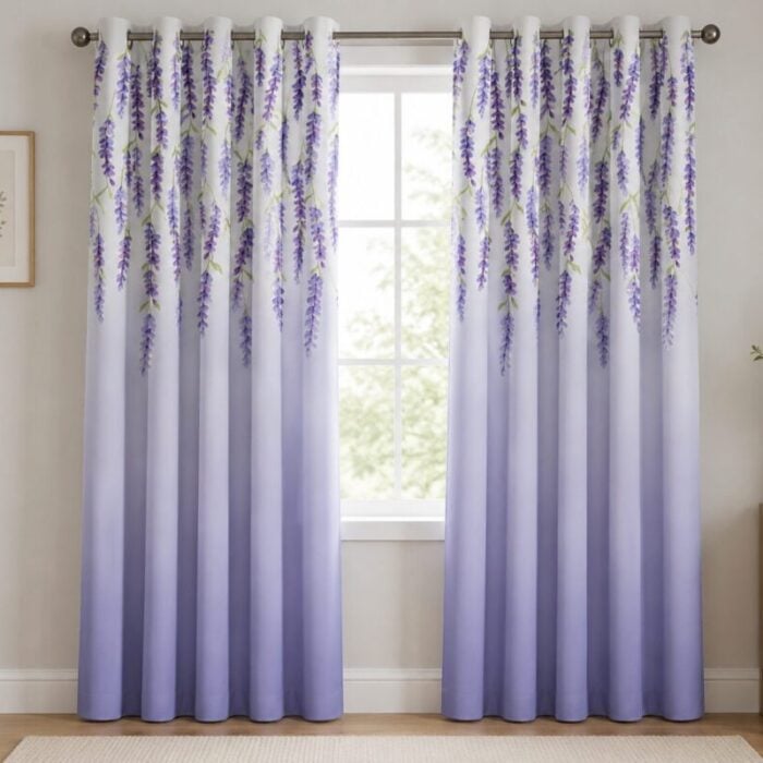 White Lavender Leaf Printed Dimout Curtain