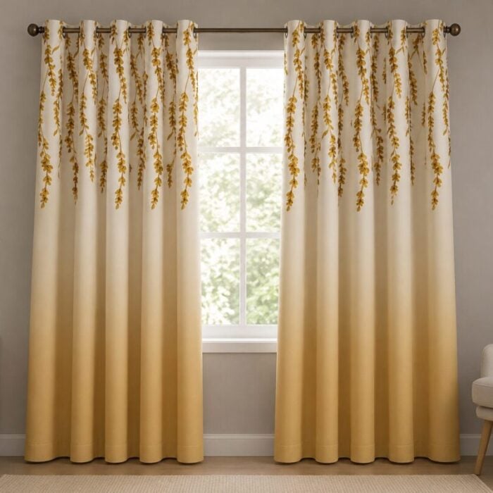 White Yellow Leaf Printed Dimout Curtain