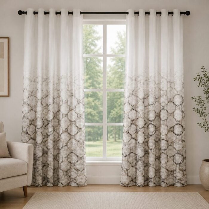 White Brown Geometric Printed Dimout Curtain