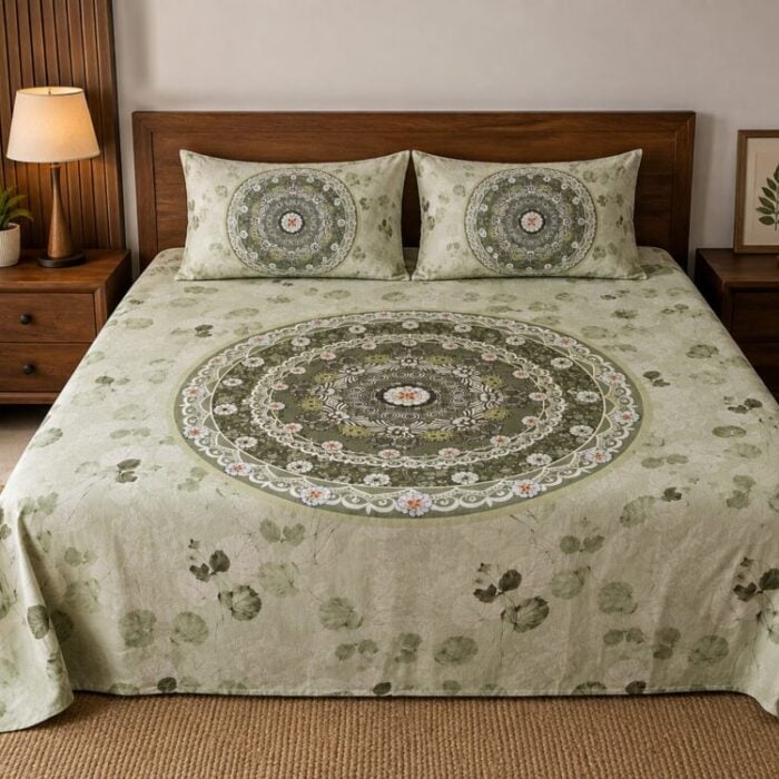 Sage Green Mandala Leaf King Size Bedsheet with 2 Pillow Covers