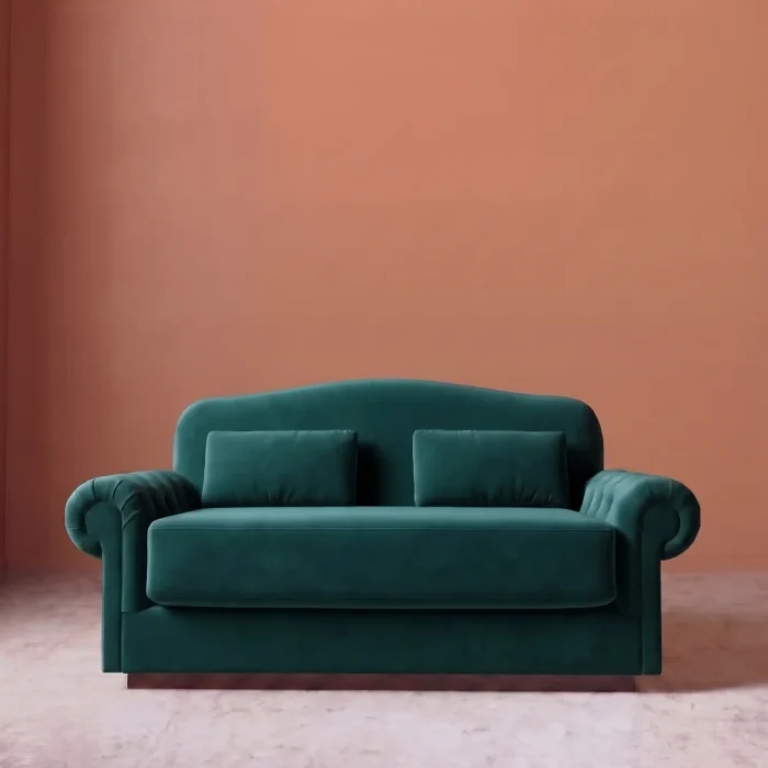 Rajford 2 seater sofa in teal green front view with curved backrest and plush cushions