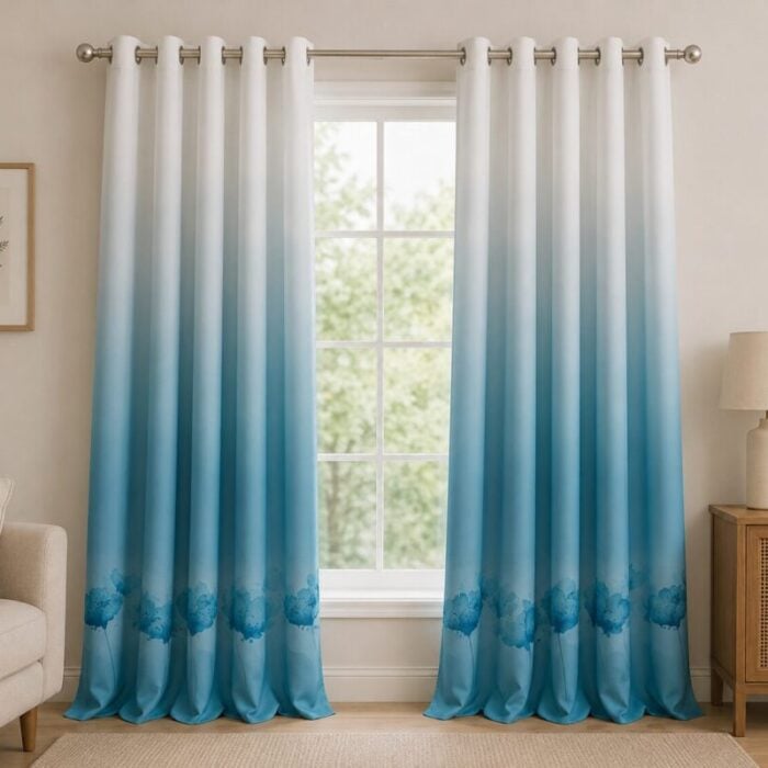 Azure Bloom Ombre Printed Eyelet Curtain - Light Blue